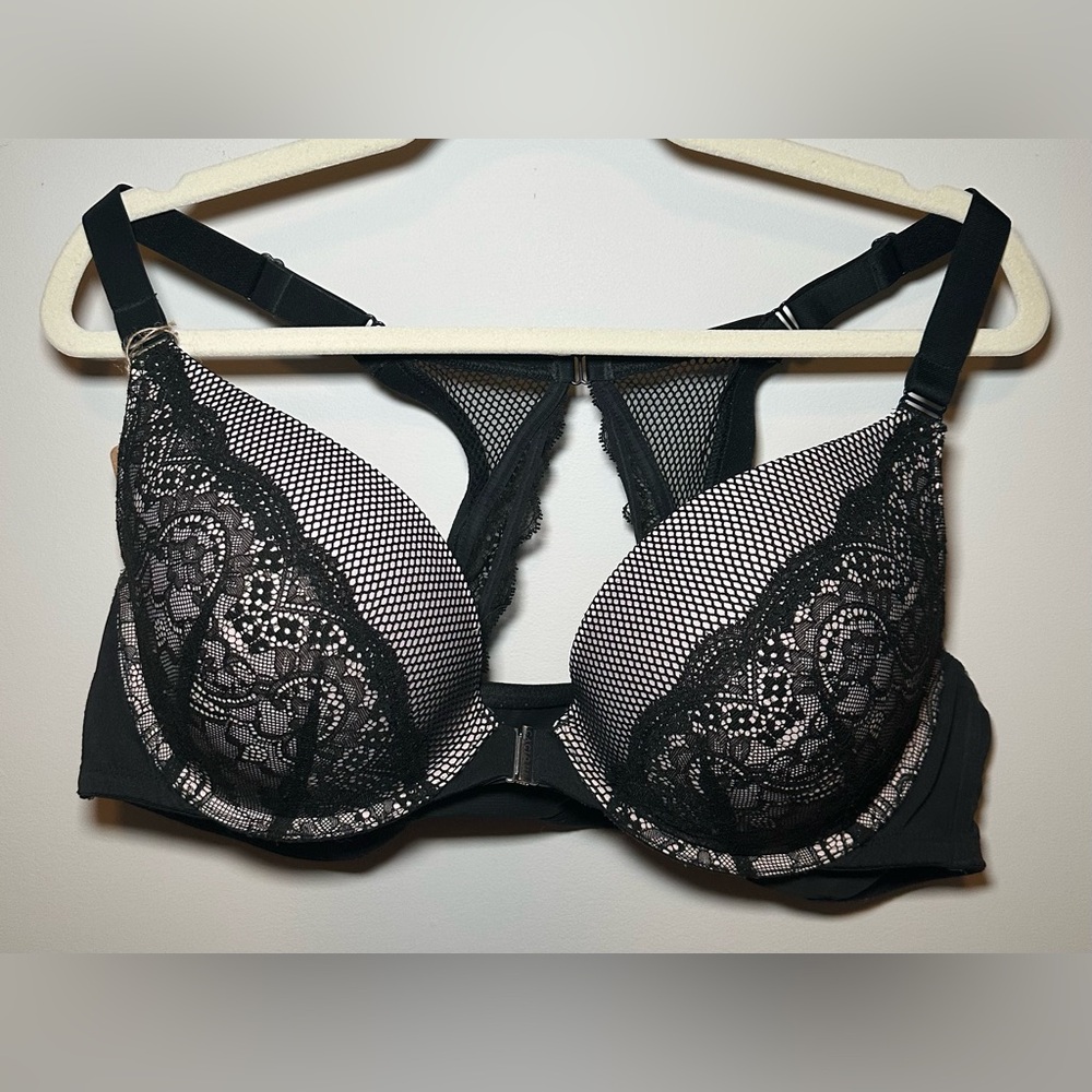 Cacique Boost Plunge bra black tan nude lace front closure racer back push-up 44